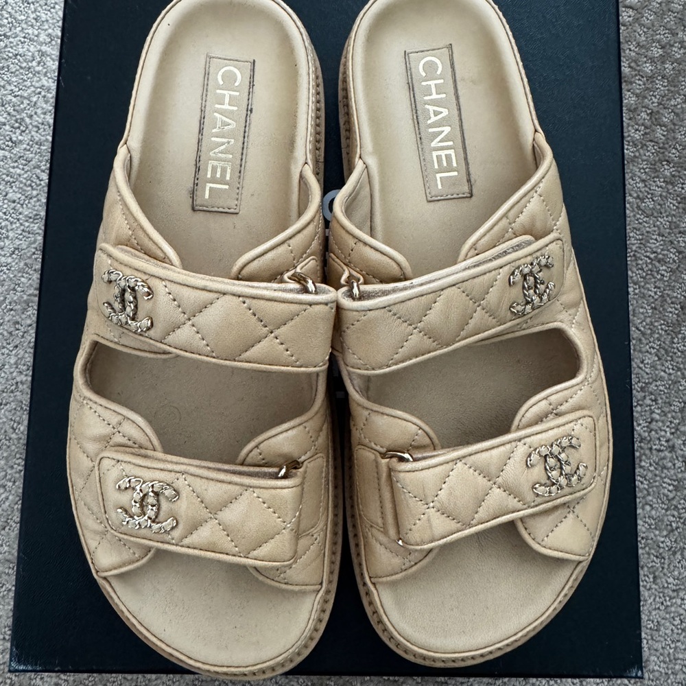 CHANEL Beige Quilted Slide Sandals